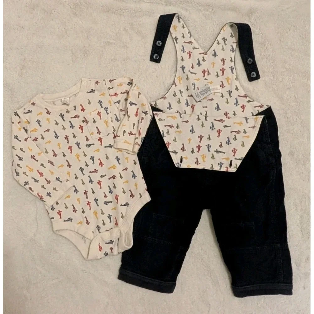 Vtg Baby GAP Y2K Soft Corduroy Navy Overalls & One Piece Airplane Shirt 12-18 mo